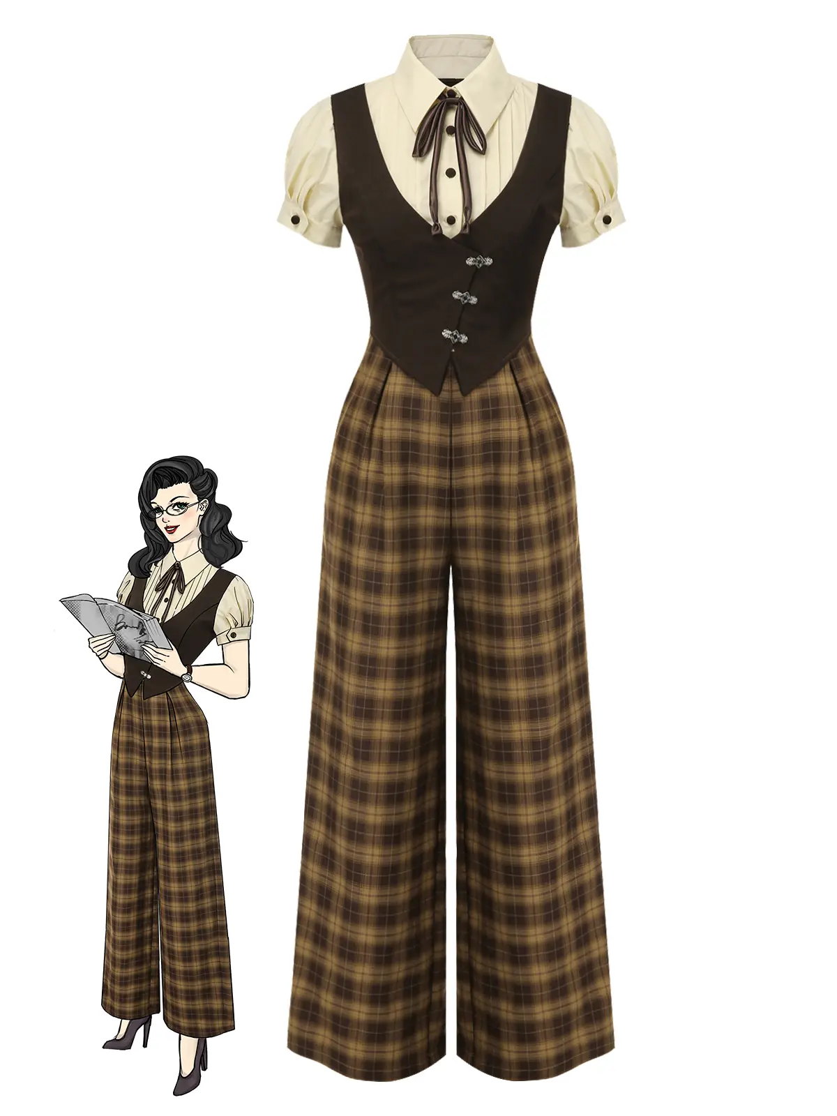 RETRO STAGE Women's Retro Plaid Jumpsuit, Faux 3-Piece Ankle Length Shirt with Collared Neck, Detachable Ribbon, Rayon Polyester Blend, No, Bow, Preppy, Zip BackToSchool Sohochic Fall Dresses Fall outfits Fall fashion