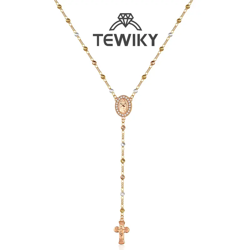 Tewiky Women's 14K Gold-Plated 4mm Copper-Coated Jewelry Set - Y-Chain with Virgin Mary Zircon Pendant & Jesus Cross, Female Easter Gift Necklace Accessories