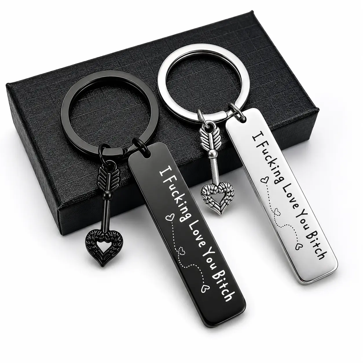 HOLDNEAR Funny Love Keychain, I F*ing Love You Bitch Metal Keyring with Heart Arrow Charm, Romantic Gag Gift for Boyfriend Girlfriend Husband Wife
