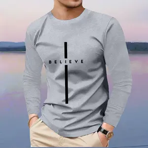 Men's regular fit long-sleeved T-shirt with letter and stripe print, made of comfortable polyester knit sweatshirt fabric, suitable for daily commuting and outdoor leisure.