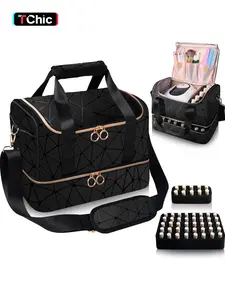 Nail Polish Storage Box Holds 50 Bottles (15ML), PU Leather Nail Organizer & Portable Manicure Tool Set Bag