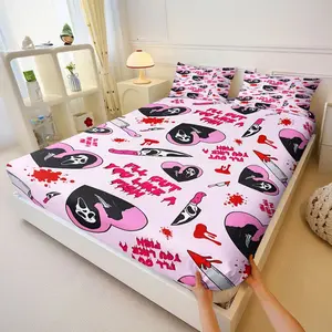 3Pcs Valentine's Horror Fitted Sheet Set, Pink and Black Heart Design with Ghostface Mask, Knives, and Blood Splatter, Spooky Text Phrases, Perfect for a Playful Yet Sinister Bedroom Decor! Includes 2 Pillowcases, No Pillow Core