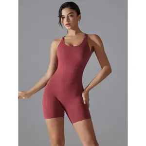 Women’s solid-color crisscross backless sports romper leotard, sporty sleeveless scoop-neck bodycon romper for yoga, gym workouts, ladies sportswear activewear for all seasons, leotard dance