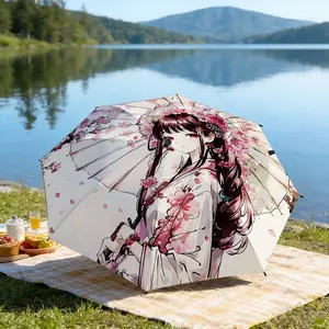 Portable folding umbrella The umbrella features an anime-style character in a kimono with cherry blossoms.  Suitable for daily travel use, holiday Gift