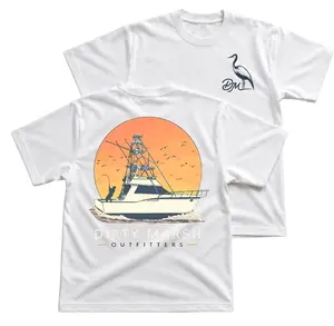 Dirty Marsh Offshore Fishing T-Shirt, Sportfishing Boat Graphic Tee With Sunset Water Back Print, Coastal Outfitters Style Shirt, Front Chest Heron Logo, Vintage Saltwater Apparel Gift for Anglers and Men Women