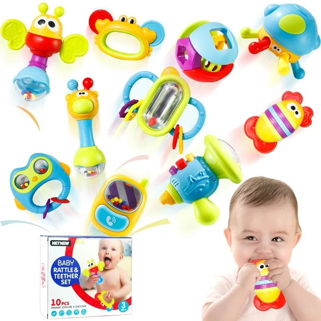 Baby Rattles 10PCs Infant Grab N Shake Rattle with Sensory Teether, Grips for Fine Motor Skills, Colors & Patterns for Eye Tracking, Newborn Gift