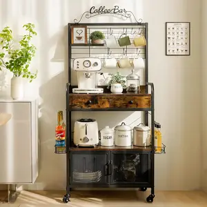 Coffee bar cart for small spaces, coffee station cabinet with storage, apartment coffee nook, side syrup rack, tea pod drawer, magnetic doors, lockable wheels, rustic brown