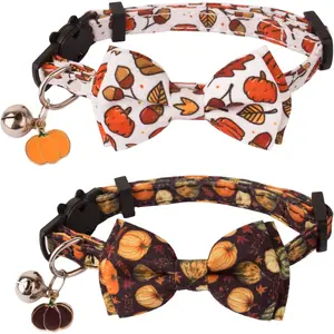 Thanksgiving Cat Collar Breakaway with Removable Bowtie Bell - 2 Pack Fall Pumpkin Kitten Bow Collar Thanksgiving Bowtie Collars for Cats Kittens