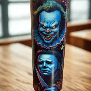 Horror Movie Tumbler Featuring Iconic Characters from Classic Films Perfect for Fans washable mug