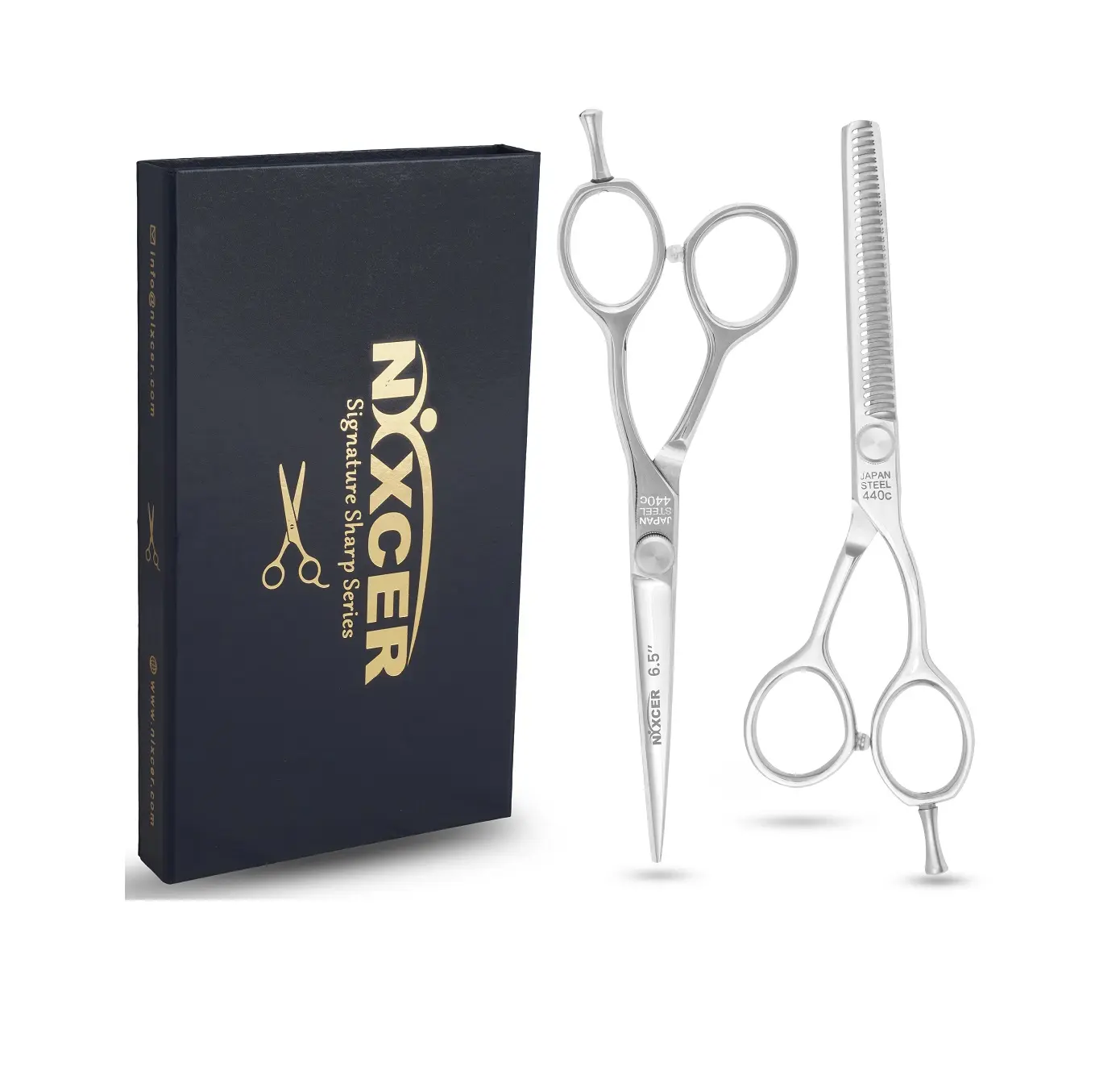 Nixcer 6.5" Professional Hair Cutting & Thinning Scissors Combo - C440 Japanese Steel, Long-Lasting Sharpness, Silver for Precision Cutting & Thinning