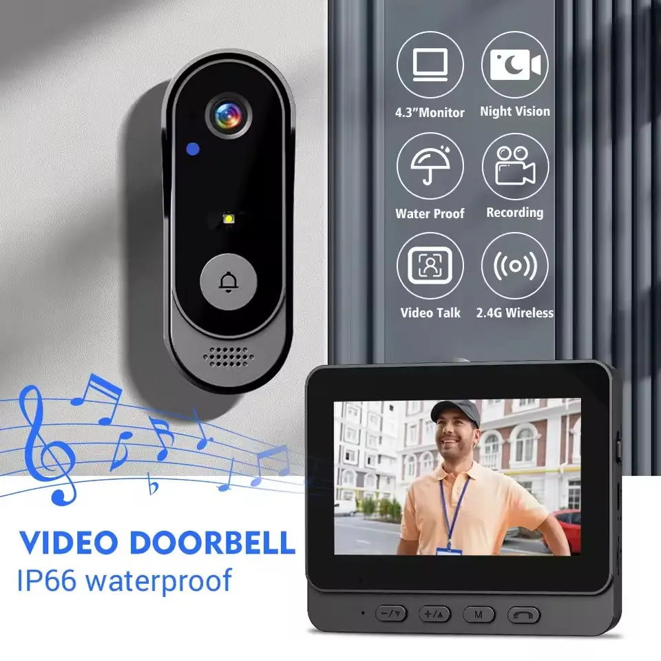 Wireless Video Doorbell with 4.3 Inch Color Screen, Night Vision, Waterproof Design, Long Battery Life, Supports Video Call & Two-Way Audio, Wifi Smart Doorbell