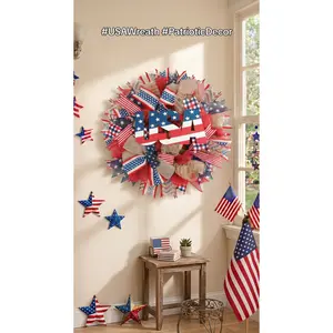 4th of July Patriotic Wreath 24 Inch, American Flag Wreaths for Front Door, Red White and Blue Weather Farmhouse Outdoor Holiday Decoration, Memorial Day Independence Day Spring Decor