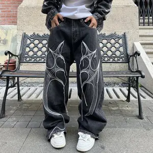 Y2K Streetwear Wing Embroidery String Stacked Baggy Jeans Pants For Men Designer Clothes New Rock Black Long Trousers