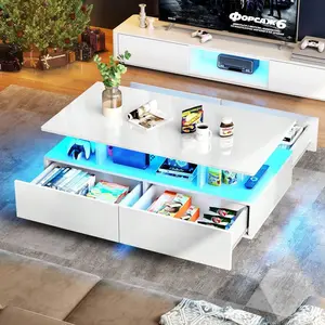 High Gloss Coffee Table Center Cocktail Table With LED Lights & 4 Sliding Drawers For Living Room Home Decor