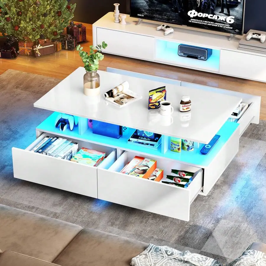 High Gloss Coffee Table Center Cocktail Table With LED Lights & 4 Sliding Drawers For Living Room Home Decor