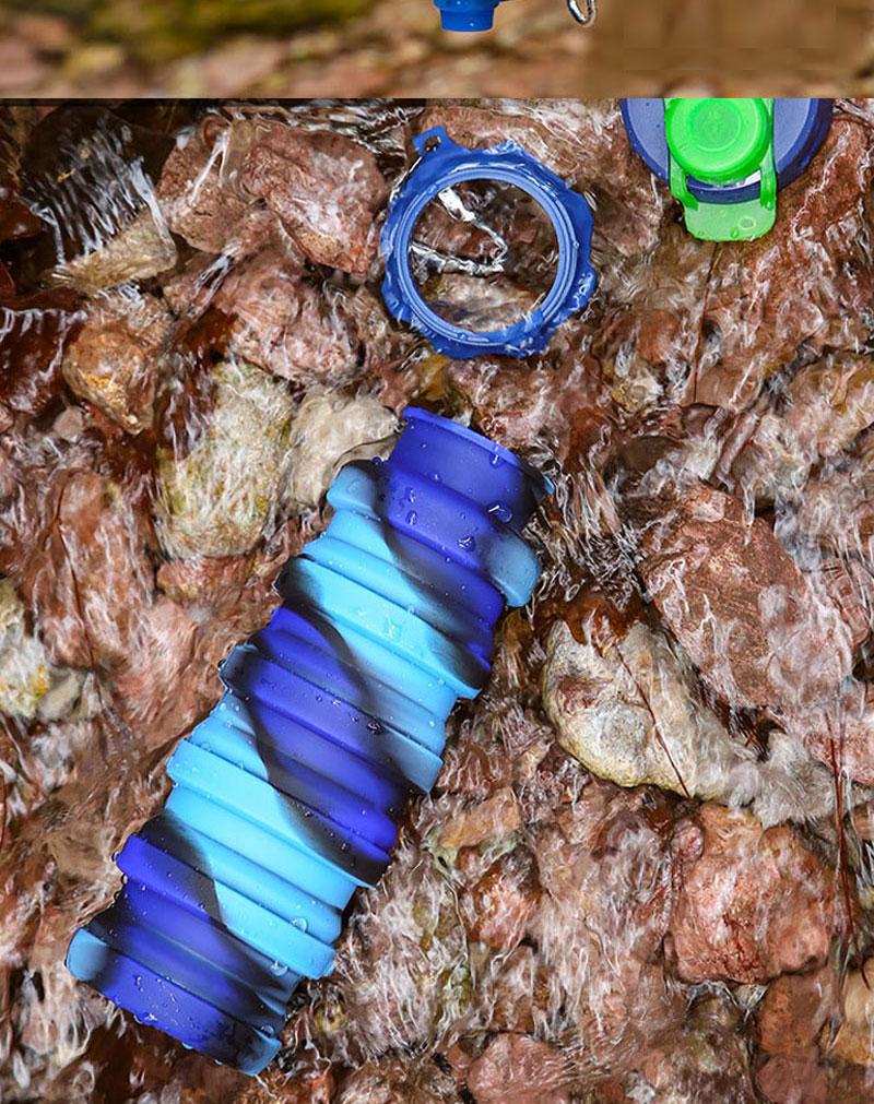 Outdoor Sports Silicone Foldable Water Bottle for Camouflage Creative Travel Reusable Leakproof Water Bottle with Carabiner