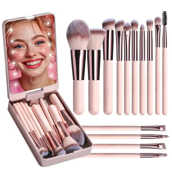 14-piece mini makeup brush set for foundation, powder, concealer, and eyeshadow, complete with a mirror featuring LED lighting for perfect application anytime