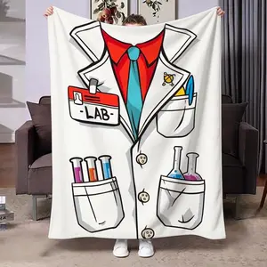 Fun Experiment Lab Coat Cartoon Print Flannel Blanket, Soft Skin-Friendly, Multi-Use for Bedroom Living Room Sofa Office Outdoor Car