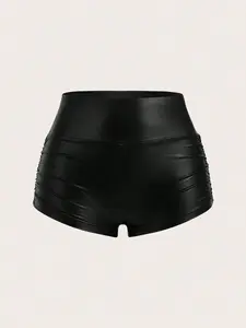 Women's Solid Color Ruched Black PU Leather Shorts