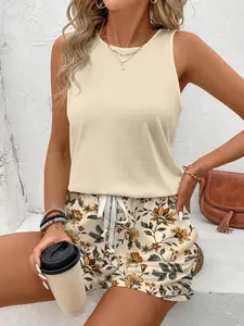 Women's Two-Piece Comfortable Stylish Sleeveless Tank Top & Floral Drawstring Shorts Set for Summer