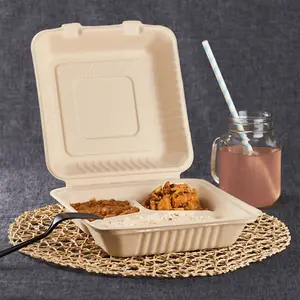Karat Earth 9'' x 9'' Compostable Bagasse Hinged Containers, Natural - 3 Compartments - 200 pcs