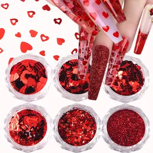 Valentine Nail Art, 6 Boxes Holographic Red Heart Nail Art Glitters Flakes with Glitter Powder 3D Valentine's Day Nail Design for Acrylic Nails
