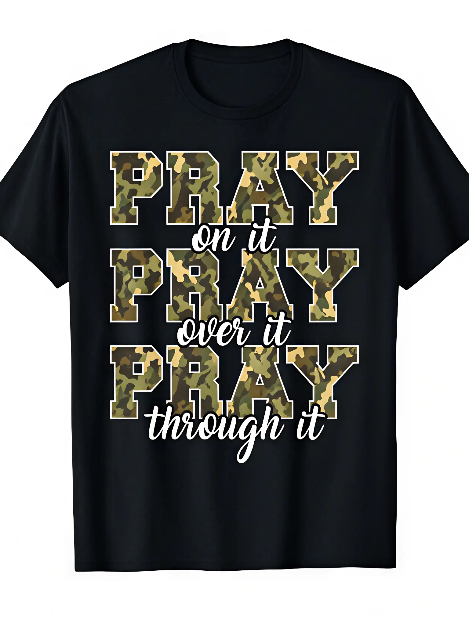 Pray On It Pray Over It Camo Christian T-Shirt - Soft Unisex Religious Graphic Tee with Camouflage Print & "Pray On It Pray Over It" Bible Verse Design, Loose Fit Short Sleeve Round Neck, All-Season Casual Wear for Men & Women, Faith-Based Apparel