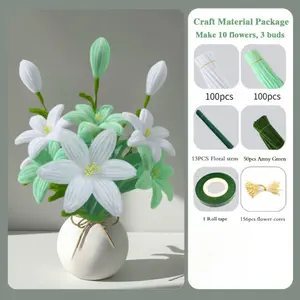 420-piece light green lily-shaped felt flower bouquet set, upgraded DIY craft material kit, suitable for home decoration, graduation ceremonies, and holiday gifts, white, fluorescent yellow (not finished product)