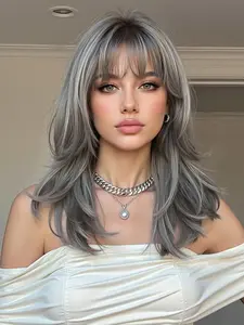 Silver Ombre Synthetic Fiber Wig, 18 Inch Medium Length Natural Wave, Full Bangs, Heat Resistant Fashion Casual Wig for Women Daily Commuting
