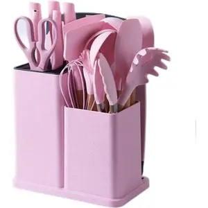 19 Piece High Quality Silicone KitchenwareSetWith Wooden Handle & Knife-Non-StickCookingTools & Bamboo Storage Container-PerfectKitchen Tools For Easy Cooking &CleaningUtensils White Black. funky kitchen supplies kitchen accessories whisk Nonstick Spatula