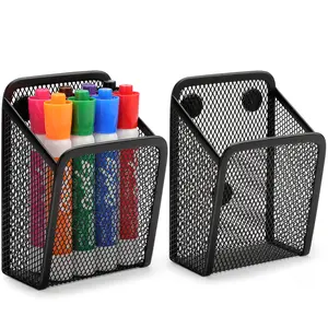 MaxGear Magnetic Pen Holder, 2 Pack Mesh Pencil Holder for Desk Storage Basket Organizer Marker Holder - Extra Strong Magnets Perfect for Locker Accessories, Refrigerator, Whiteboard, School Office