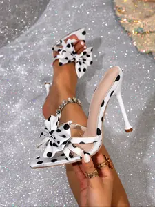 Women's Polka Dot Bow Slip-On High Heel Sandals, Bow Decor Sandals, Summer New Fashion Elegant Pointed Toe Half Slippers, Ladies' Stylish Footwear