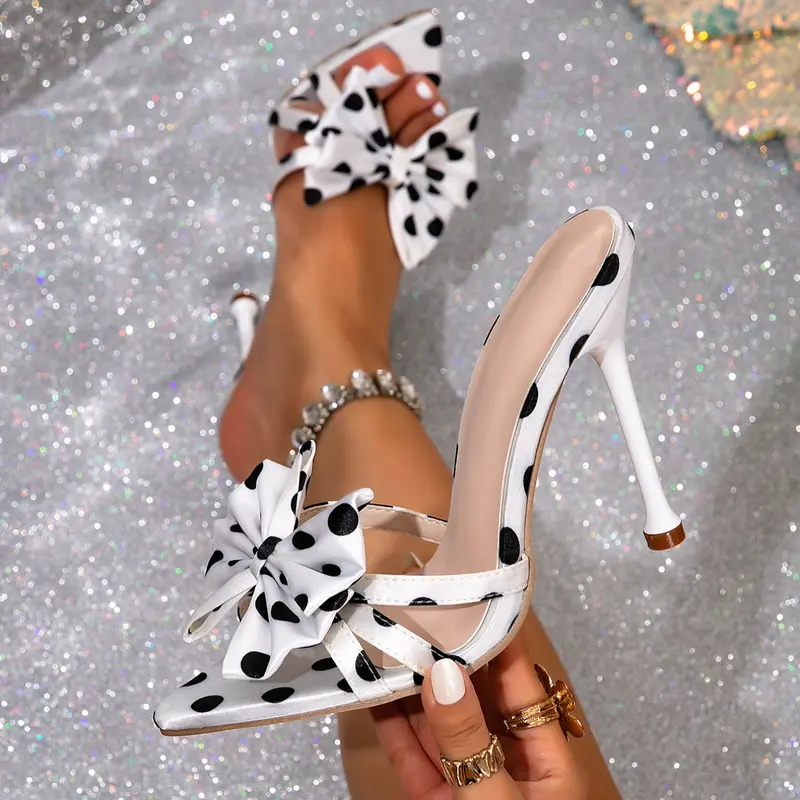 Women's Polka Dot Bow Slip-On High Heel Sandals, Bow Decor Sandals, Elegant Fashionable Sandals, Summer New Fashion Elegant Pointed Toe Half Slippers, Ladies' Stylish Chic Summer Footwear