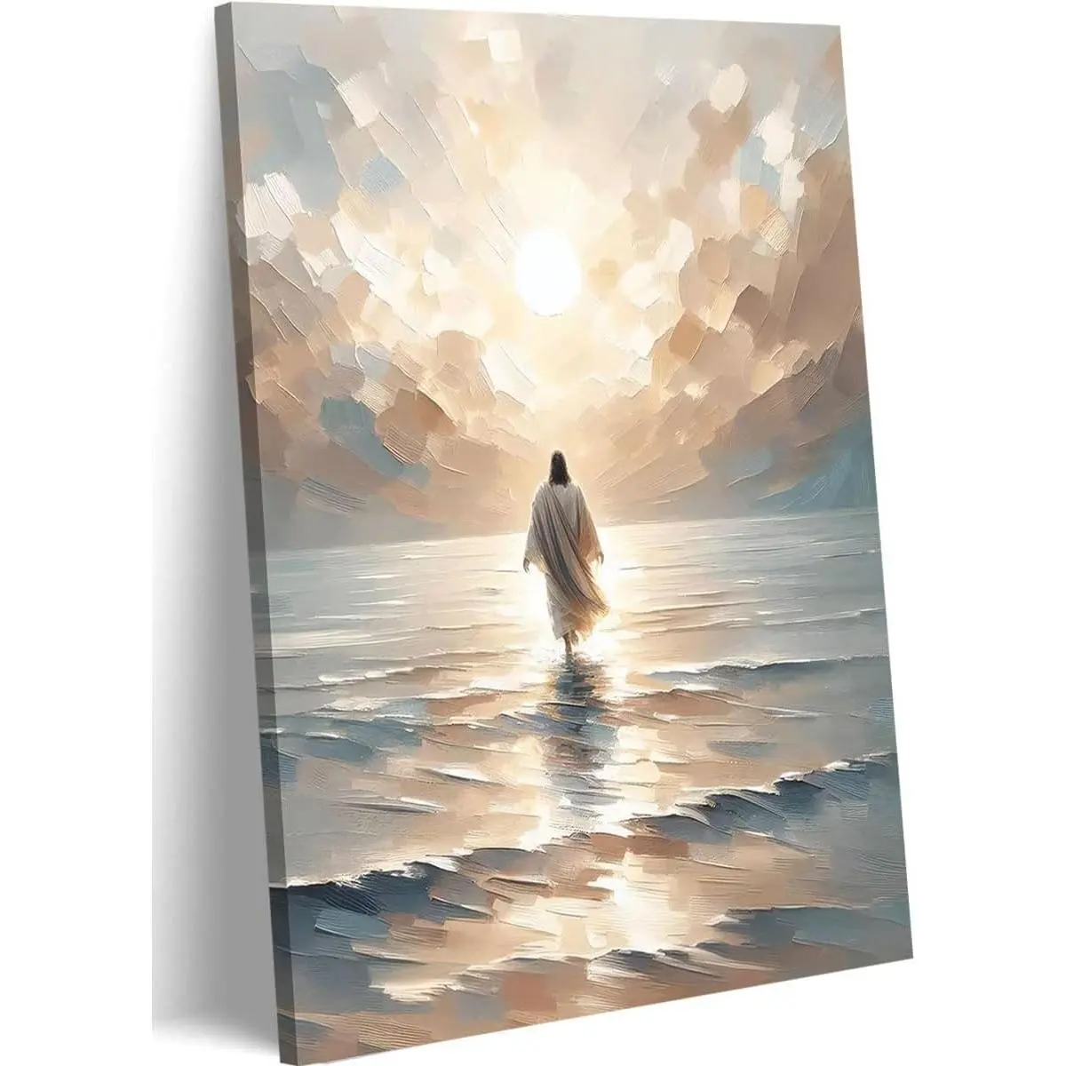 Artistic Jesus on Water & Lamb Religious Canvas Wall Art Poster Print - Framed Set, Easy Hanging Faith Symbol, Single-Piece, Ideal for Indoor Spaces Decoration, Adds Reverence to Church & Living Room