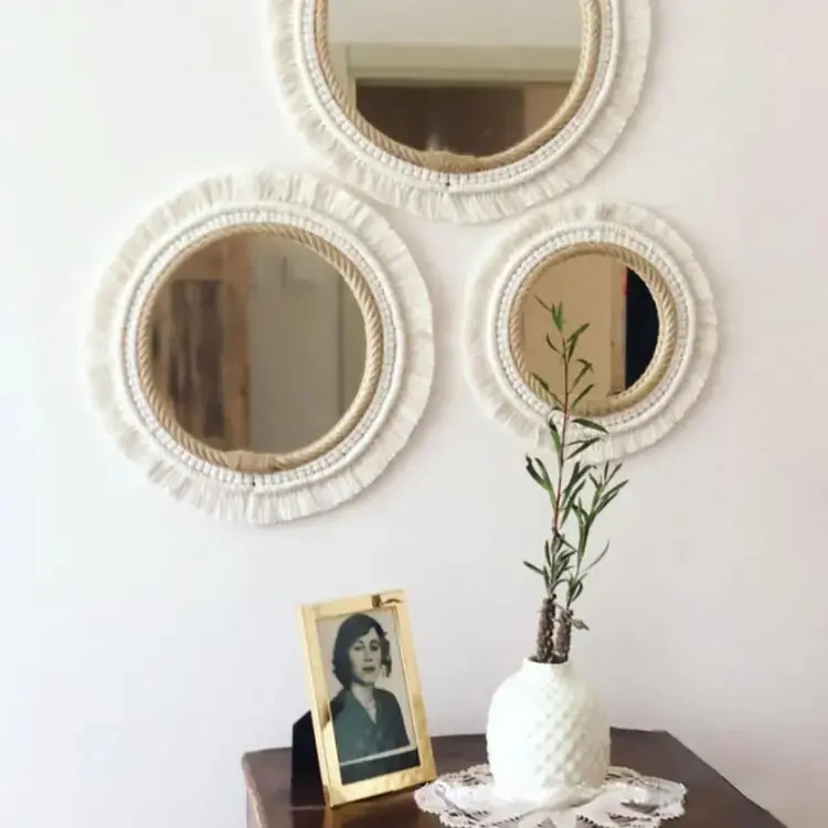 Minimalist Boho Style Decorative Hand-Woven Reflective Hanging Mirror for Decor, Elegant Decoration.
