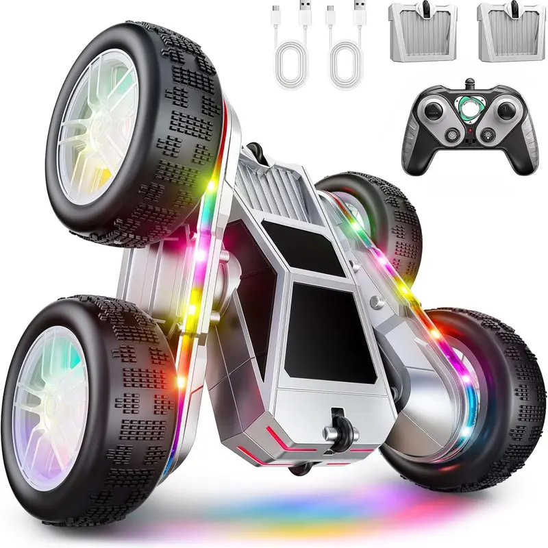 360° Full-Flip Stunt RC Model Car - Double 4WD All-Terrain Anti-Slip Tires RC Truck, USB-C Fast Charge 500mAh Modular Battery Swap, LED Lights, 30 Mins Playtime, Kids Toy for 4-6Y/3-12Y, Christmas Gift