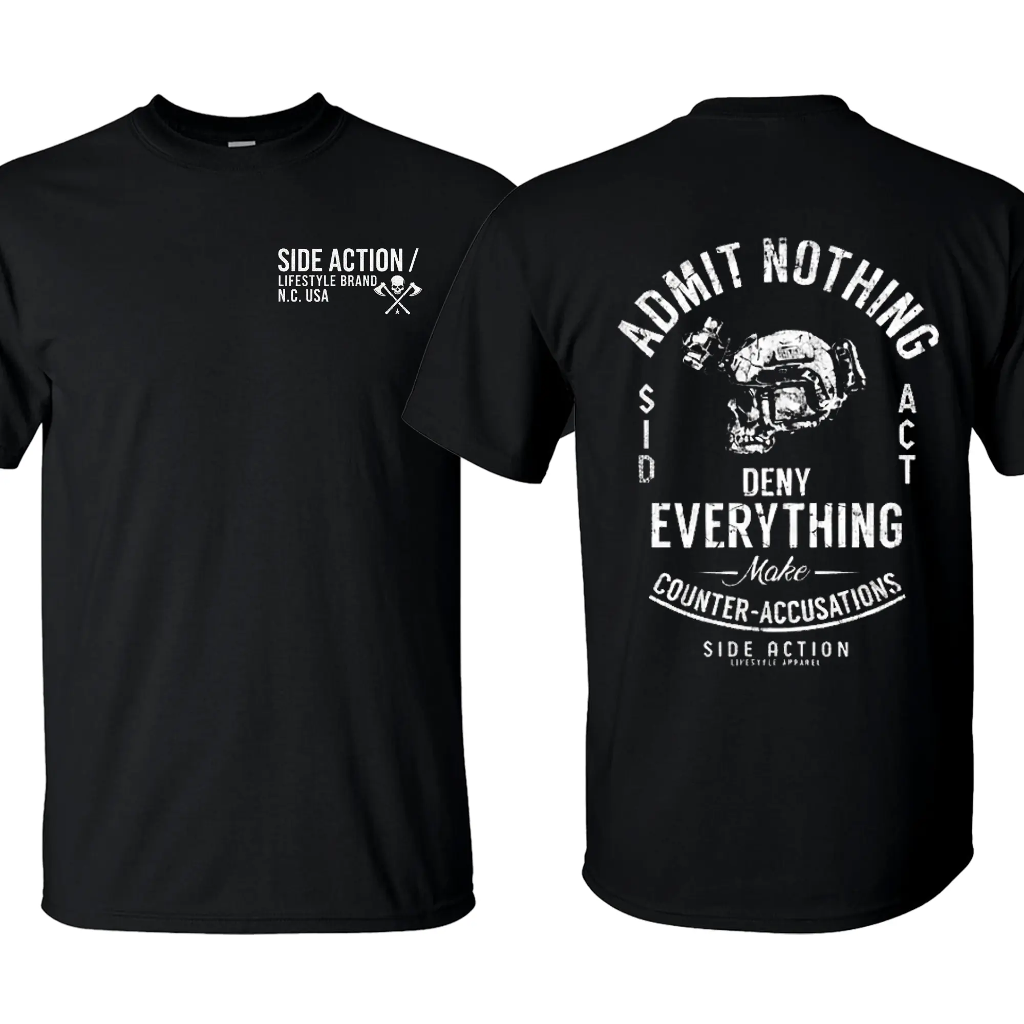 Side Action “Admit Nothing Deny Everything” Tactical Helmet Graphic Tee, Patriotic Military Graphic Tee, Perfect Gift for Veterans and Soldiers, Unisex Cotton Short Sleeve Shirt for Daily Wear, Outdoor Activities & Casual Street Style