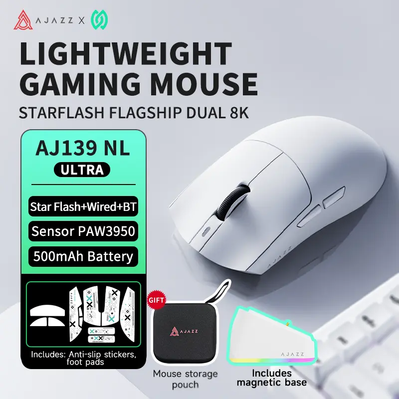 AJAZZ AJ139P V3 Ultra Wireless Gaming Mouse 2.4G Wired/Bluetooth | RGB Magnetic Charging Dock | Lightweight Design | 24K DPI | 800mAh Battery | PAW3311 Sensor | 5 Programmable Buttons, Compatible with PC/Mac