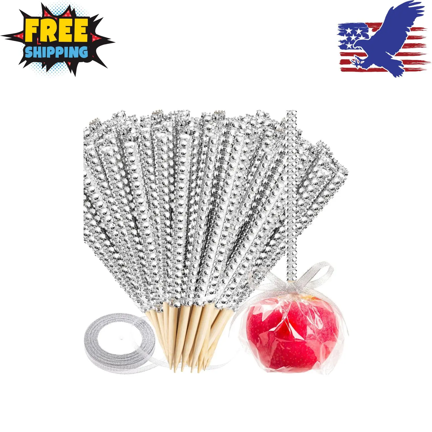 Silver Candy Apple Sticks, 26Pcs Bling Caramel Apple Wooden Pointed Skewers