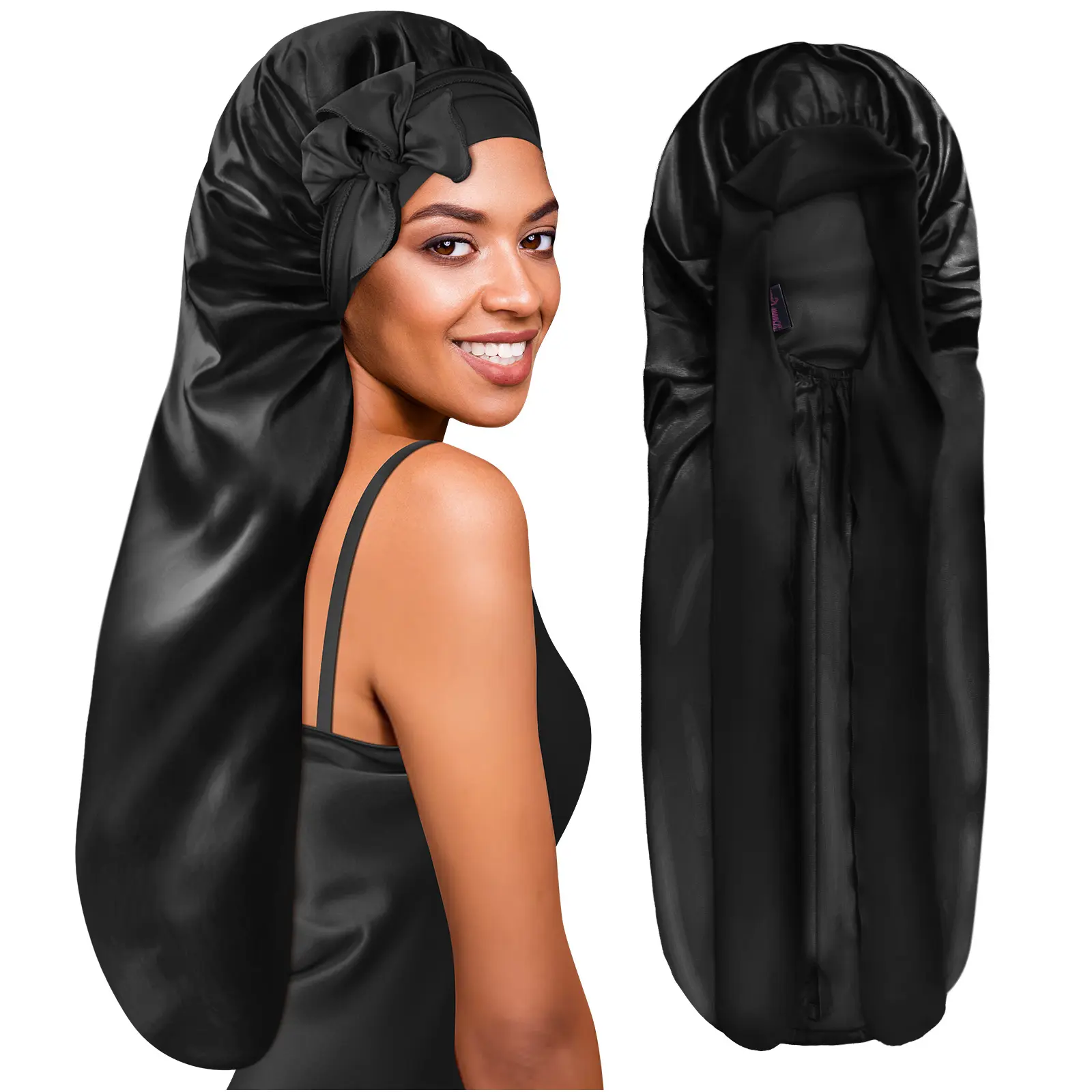 BONNET QUEEN Women's Long Silk Satin Hair Bonnet for Adults, Adjustable Casual Daily Sleep Cap with Moisture Lock, Haircare Smoothing, Anti-Frizz, Friction-Less, Fold Loop for Braids, Locs & Curls, Hair-Moisturizing