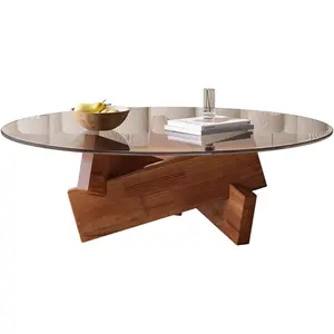 Modern Glass Coffee Table, 31.5" x 12.2" Small Mid Century Coffee Table, Round Center Table for Living Room with Solid Wood Base, Suitable for Bedroom Living Room Office Table