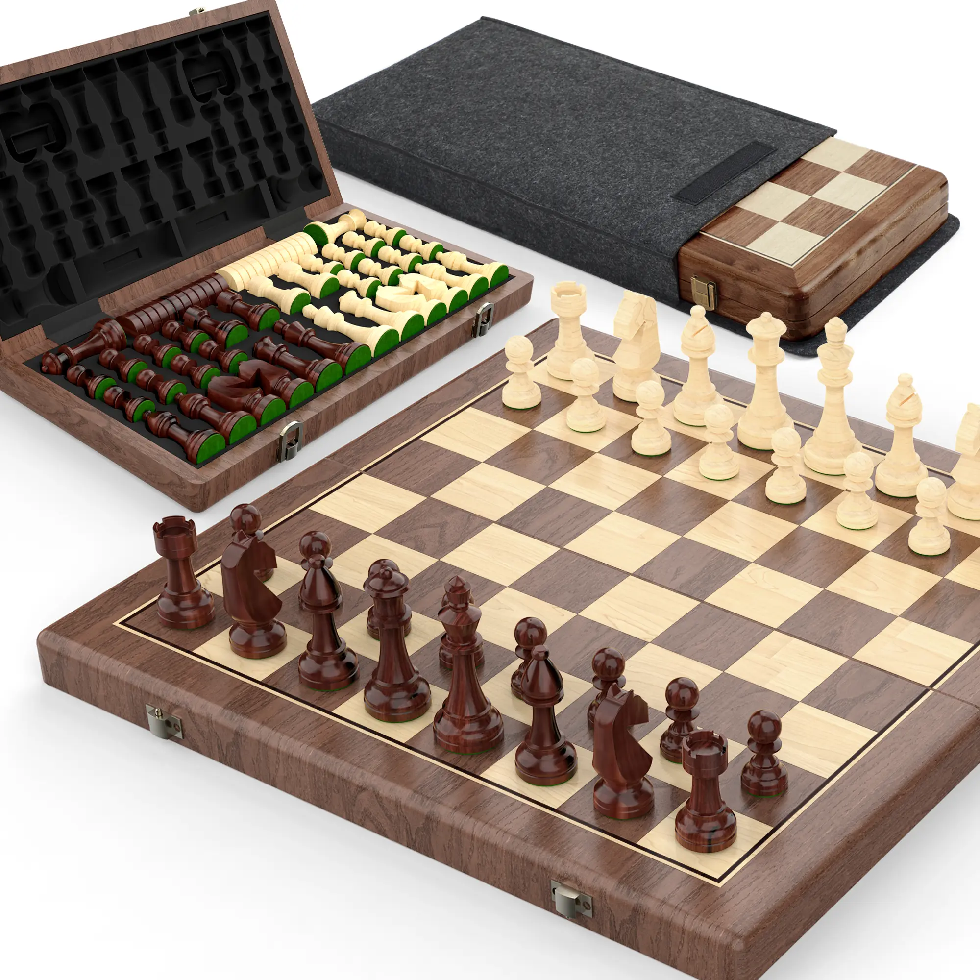 Magnetic Chess Strategy Game 15" Walnut Magnetic Wooden Folding Chess & Checkers Set - 2 in 1 Board Game with 3" King Staunton Pieces and 2 Extra Queens and Dust Bag