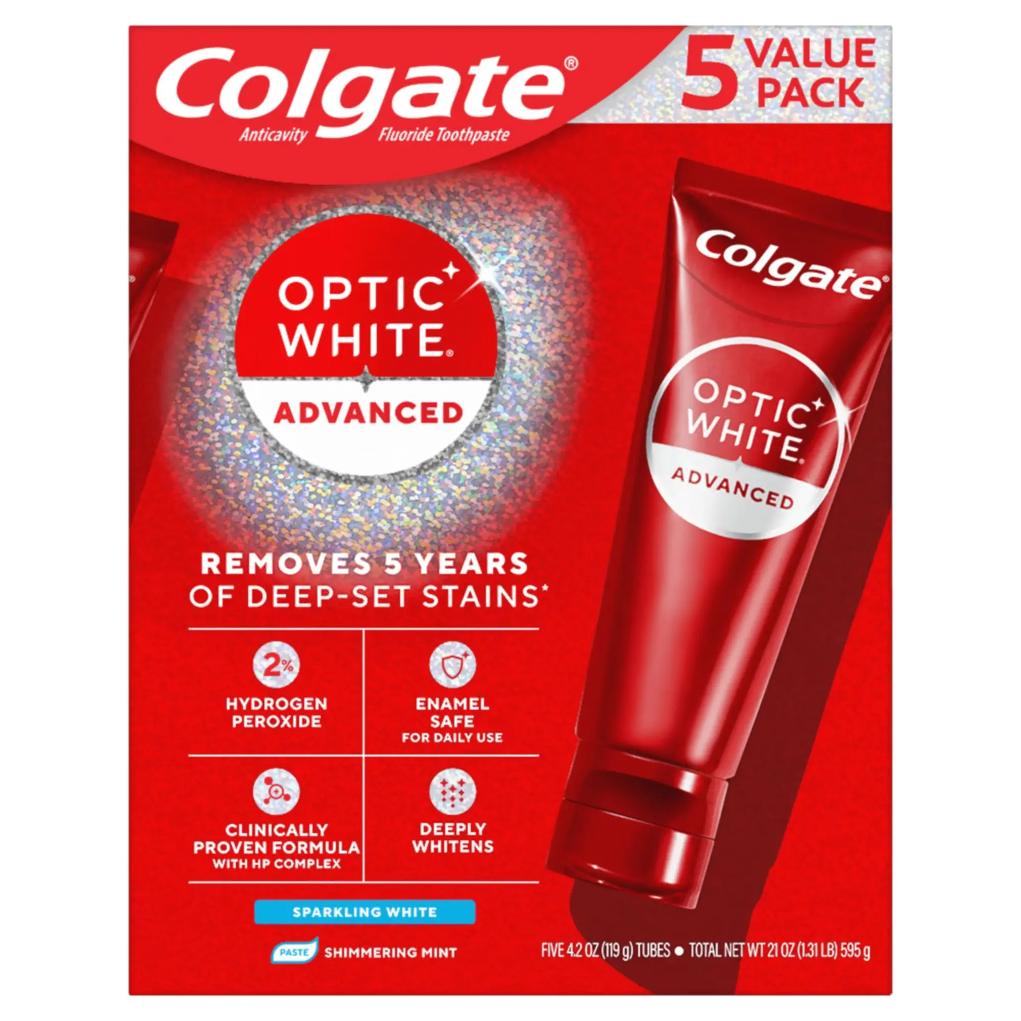 Colgate Optic White Advanced with 2% Hydrogen Peroxide Sparkling White Toothpaste Mint, 4.2oz 5 pk
