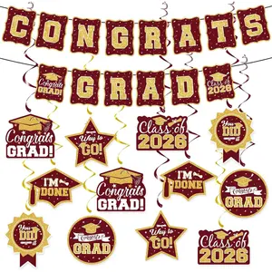 2026 Graduation Decorations Set - Graduation Party Congrats Grad Banner Class of 2026  Swirls Streamers Ceiling Decor for College High School Classroom Grad Party Supplies (Maroon )