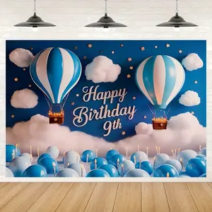 Blue and 9th Birthday Backdrop Banner with Hot Air Balloon, Clouds and Stars Design, Perfect for Cake Table Decoration and Party Celebrations