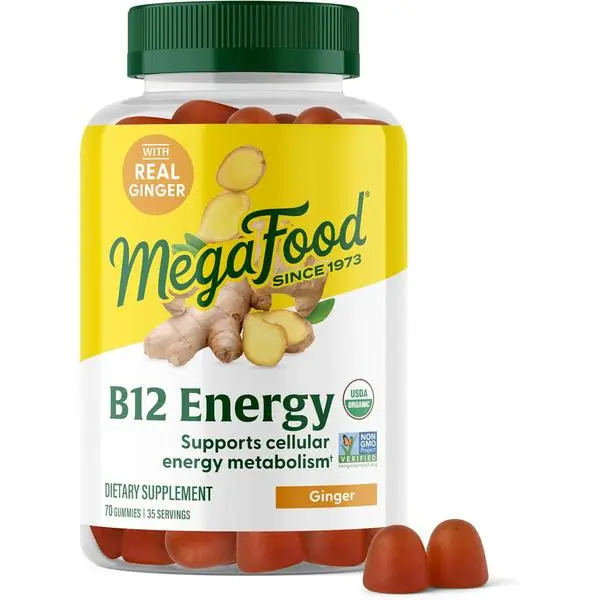 ​MegaFood Vitamin B12 Energy Gummies - Vegan - With Methyl B12 Vitamins to Support Cellular Energy Production - Ginger - Daily Vitamin B12 Supplement - USDA Organic - 70 Gummies, 35 Servings