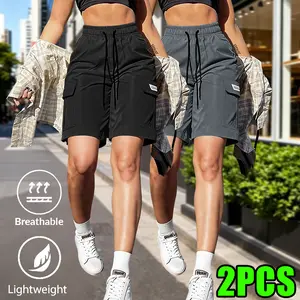 Women’s two-pack fashion lightweight breathable summer cargo shorts with elastic waistband, drawstring, and multiple pockets—casual mid-thigh shorts suitable for everyday commuting, outdoor activities, and dates.Summervibes