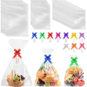 50 count Cellophane Wrap Bags for  Baskets, 3 Sizes Cellophane Bags 12x18 16x24 24x35 Inches Large Clear Packaging with 50 Pull Bows for Wrapping  Basket