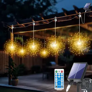 Solar Valentines Day Firework Lights Outdoor 6 Pack 720LED Starburst with Remote 8 Modes Dimmable Waterproof Hanging Fairy Lights for Garden Patio Holiday Decor Warm White
