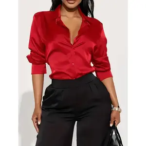 Women'S Elegant Red Satin Shirt, Polyester 100%, Long Sleeve, Regular Fit, Solid Color, Conventional Collar, Button Detail, Woven Fabric, 130g/m2, for Spring/Summer, Casual Weekend Wear